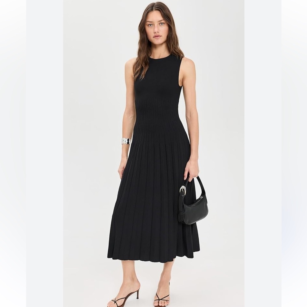 STAUD Black Sleeveless Pleated Midi Dress